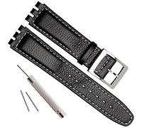 OliBoPo Alligator Grain Cow Leather Stainless Steel Buckle Watch Band Strap for Swatch (17mm, White Stitch/Black)