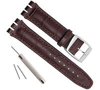 OliBoPo Alligator Grain Cow Leather Stainless Steel Buckle Watch Band Strap for Swatch (19mm, Brown)