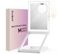 OLIBUY Makeup Mirror with Lights, 7.5" L x 5.7" W Portable Travel Mirror with 10X Magnifying Mirror, 3 Color Lighting Rechargeable Lighted Folding Mirror, Base Storage, Adjustable Height