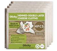 Olicity Cheesecloth, Double-Layer, 4PCS, 50x50cm, Reusable Grade 90 Hemmed Cheese Cloths for Straining,Unbleached Cotton Fabric Cloth Strainer Muslin Cloths for Cooking, Juicing, Jelly, Jam Making