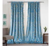 OliGreenice Luxury Velvet Curtains Gold Foil Print 80% Blackout Window Curtains Back Tab/Rod Pocket/Pleat Hooks Thermal Insulated Living Room Bedroom Drapes, 2 Panels, Aegean Blue, 132x244cm（52x96in）