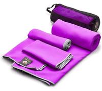 OlimpiaFit Set of 3 Microfiber Towels - Best for Gym Travel Camp Beach Backpacking Sports Outdoor Swim - Quick Dry Fast · Absorbent · Lightweight Men Women Gift Toiletry Bag (Purple)