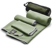OlimpiaFit Set of 3 Microfiber Towels - Best for Gym Travel Camp Beach Backpacking Sports Outdoor Swim - Quick Dry Fast · Absorbent · Lightweight Men Women Gift Toiletry Bag (Khaki)