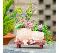 OLINLIFE Smily Face Planter Pot, Cute Parent-Child Reading Resin Head Planter for Indoor Outdoor Plants, Succulent Flower Pots with Drainage Hole, DIY Gift Decorative Novelty Planter