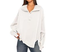 OLIPHEE Women Oversized Sweatshirt Long Sleeve Tops Side Split Jumper Loose Henley Sweatshirt Spring Fall Trendy Clothing White S