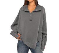 OLIPHEE Women Oversized Sweatshirt Long Sleeve Tops Side Split Jumper Loose Henley Sweatshirt Spring Fall Trendy Clothing Dark Grey M