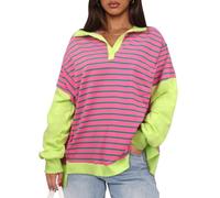 OLIPHEE Womens Oversized Striped Color Block Sweatshirt V Neck Drop Shoulder Loose Sweatshirt Autumn Pullover 01 Pink Green M