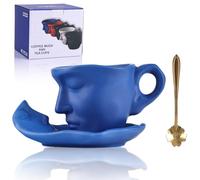 oliruim Blue Tea Cup and Saucer Set Ceramic Kissing Couple Coffee Mug Set with Spoon Face Coffee Cup Unique Teacup and Saucer Valentine's Day Christmas Creative Gift