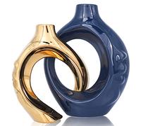 oliruim Navy Blue Home Decor Ceramic Vase, Navy Blue Gold Round Vase with Holes Set of 2, Suitable for Wedding Entrance Decoration, Bookshelf, Mantel, Unique Home Decor (Blue Gold)