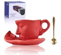 oliruim Tea Cup and Saucer Set Ceramic Kissing Couple Coffee Mug Set with Spoon Face Coffee Cup Unique Teacup and Saucer Valentine's Day Christmas Creative Gift (Red)