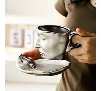 oliruim Tea Cup and Saucer Set Ceramic Kissing Couple Coffee Mug Set with Spoon face Coffee Cup Unique Teacup and Saucer Valentine's Day Christmas Creative Gift (Silver)