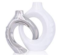 oliruim White Ceramic Vase Set of 2, White and Silver Round Donut Ceramic Decorative Vase for Living Room Decor, Bookshelf, Mantel, Dining Table Centerpiece Decor (White Silver)