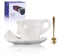 oliruim White Tea Cup and Saucer Set Ceramic Kissing Couple Coffee Mug Set with Spoon face Coffee Cup Unique Teacup and Saucer Valentine's Day Christmas Creative Gift