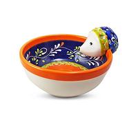 Olive Bowl Combined with a Little Hedgehog for Your Cocktail Sticks. Handmade and Hand Painted from Cordoba, Spain. (Blue Bowl with Green and Orange Circle. Wild Flowers. 4)