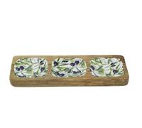 Olive Enamelled Sectional Tray, 30x10cm Mango Wood Serving Platter with 3 Enamel Compartments for Snacks, Dips and Nibbles