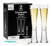 Olive Falls Celeste Champagne Flutes & Cleaning Brush - Handmade Mouth Blown Lead-Free Crystal, Set of 2 Champagne Glasses, Stylish, Durable & Sl esign Prosecco Glasses for Celebrations. (2)