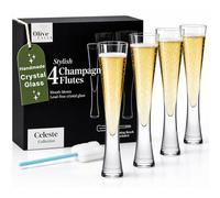 Olive Falls Celeste Champagne Flutes & Cleaning Brush - Handmade Mouth Blown Lead-Free Crystal, Set of 4 Champagne Glasses, Stylish, Durable & Sl esign Prosecco Glasses for Celebrations. (4)