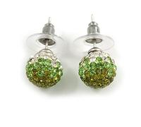 Olive/Grass Green/Clear Diamante Ball Stud Earrings In Silver Plated Finish -10mm Diameter