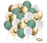 Olive Green and Gold Party Balloons, UNOEYSAT 50 Pcs 12 Inch Retro Sage Green White Metallic Gold Confetti Helium Latex Balloons with Ribbon for Wedding Birthday Baby Shower Decorations