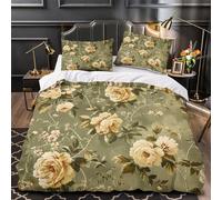 Olive Green And Sandy Beige Floral Duvet Cover Microfiber Bedding Set for Child Youth Girly Decorations 3D Print Comforter Cover 3Pcs Quilt Cover with Pillow Case And Zipper Super King(260x220cm)