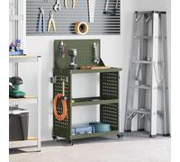 Olive Green Cold Rolled Steel Tool Trolley 65 x 35 x 111 cm with 3 Shelves, 12 Hooks and Lockable Wheels for Workshop, Garage and DIY
