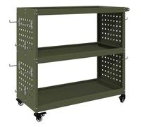 Olive Green Cold Rolled Steel Tool Trolley 75 x 35 x 73 cm with 3 Shelves and 12 Hooks for Workshop, Garage, DIY and Warehouse, Mobile with Lockable Wheels