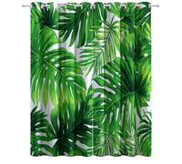 Olive Green Curtains, Abstract Tropical Palm Leaf Print Patterned Eyelet Thermal Insulated Blackout Window Drapes for Bedroom Living Room 2 Panels - W 29.5" x L 65"