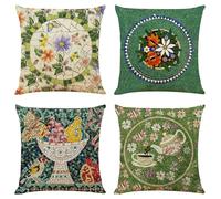 Olive Green Cushions - 4PCS Dark Green Cushion Covers, Green Cushion Covers 45 X 45,Vintage Style Square Throw Pillow Covers,Dark Green Patchwork Floral Cotton and Linen Pillowcases for Sofa Couch Bed