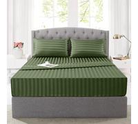 (Olive Green, Double:137 x 191 CM.) Satin Stripe Fitted Bed Sheets or Plain Pillowcases
