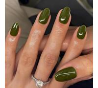 Olive Green False Nails Short Oval, SXVME Simple Acrylic Press on Nails Short, Green Fake Nails Short, Natural Solid Gel Full Cover Almond Glue on Nails For Women Fall Winter