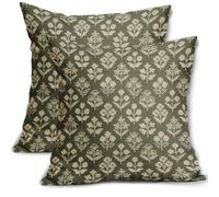 Olive Green Floral Block Print Pillow Covers 18x18 Inch Set of 2, Vintage Flower Pattern Decorative Throw Pillowcases Outdoor Farmhouse Cushion Covers Spring Summer Rustic Sofa Couch Bed Decor