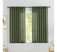 Olive Green Linen Back Tab Curtains 64 Inches Long 2 Panels Set for Boys' Room - Modern Cottagecore Rod Pocket Semi Sheer Privacy Drapes Hooks Belt Pleated Short Curtains 52" Width x 64" Length