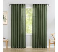 Olive Green Linen Back Tab Curtains 90 Inches Long 2 Panels Set for Dining Cottage- Soft Light Weight Airy Semi Privacy Sheer Curtains Hooks Rod Pocket Light Filtering Neutral Style Curtains Avocado