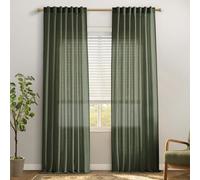 Olive Green Linen Curtains 90 Inch Long, Cotton Blend Plain Weave Light Filtering Semi Sheer Panels for Modern Organic Living Room Bedroom