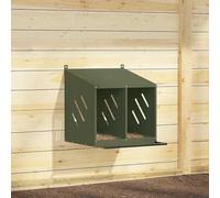 Olive Green Metal Chicken Nesting Box with 2 Compartments, Sloping Roof, Perch, and Ventilation for Laying Hens, Indoor Outdoor Use