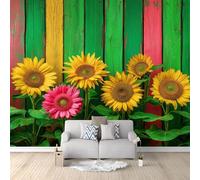 Olive Green Mural Wallpaper 3D DIY Country Style Flowers Sunflowers Wall Decal Art Murals, Kids Room Gift Stick on Wall for Living Room Bedroom Restaurant Home Decor - 350 x 256 cm