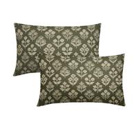 Olive Green Pillow Covers 12x20 Inch Set of 2, Cream Floral Block Print Pattern Lumbar Decorative Throw Pillowcases Outdoor Farmhouse Rectangle Cushion Covers Spring Summer Sofa Couch Bed Decor