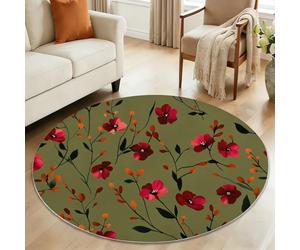 Olive Green Round Children's Rug, 150 cm Soft Traditional Vintage Floral Vine Botanical Carpet - Machine Washable Non-Slip Floor Circle Mats for Dining Room Hallway Classical Entryway