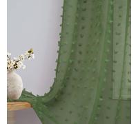 Olive Green Sheer Curtains for Bedroom Living Dining Room Window Treatments 95 Inch Length Farmhouse Boho Spring Decor Pom Pom Pattern Light Filtering Semi Sheer Green Curtains 2 Panels Set Back Tab