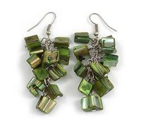Olive Green Shell Composite Cluster Dangle Earrings/Silver Tone Metal/ 60mm L