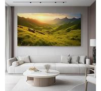 Olive Green Unframed Canvas Wall Art, Beautiful Sunset Grassland Mountains Pictures Painting on Canvas Prints for Living Room Bedroom Bathroom Kitchen Hallway Ready To Hang - 61 x 41 cm