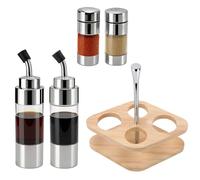 Olive Oil Bottle and Vinegar Dispenser Set, 2PCS Glass Salt Pepper Shakers Sets Kitchen Vinegar Decanters with Wooden Holder for Cooking and Salad Dressing