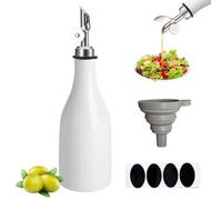 Olive Oil Dispenser Bottle 10oz Ceramic Oil Cruet Opaque Weighted Oil Pourer, Cooking Oil Dispenser Reduce Oxidation, Oil Bottle Drizzler with Funnel and Label for Kitchen Vinegar Soy Sauce (White)