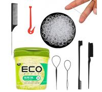 Olive Oil Hair Gel Strong Hold - Slick Back Brush Set with 1000 Clear Hair Elastics & Elastic Remover - Flake-Free Moisturising Curl Gel 236ml for Natural, Afro & Braided Hair - Women, Men, Kids