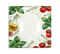 Olive Oil Kitchen Double Light Switch Cover Plate, Rustic Natural Basil Tomatoes Summer Green Plastic Standard Size Switch Plate Decorative for Bedroom Bathroom Home Entrance Decor