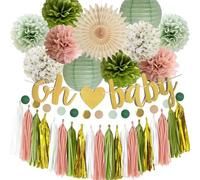 Olive Sage Green and Dusty Pink Baby Shower Decorations Baby Girls Shower Party Decor Green and Pink Gender Reveal Decorations With Oh Baby Banner Paper Pom Poms Paper Tassel Garland