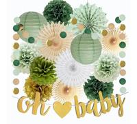 Olive Sage Green and Gold Baby Shower Decorations Neutral Baby Shower Paper Decorations Oh Baby Banner Gold Green Tissue Paper Pom Poms Fans Paper Lanterns for Baby Boys