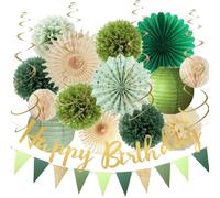 Olive Sage Green Birthday Decorations for Girls Women Boys Men Olive Sage Beige Paper Fans Pom Poms Lanterns Happy Birthday Banner Gold Green Triangle Flags Garland