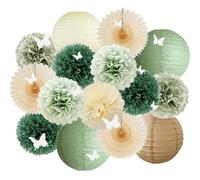 Olive Sage Green Party Decorations Paper Lanterns Beige Fans Pom Poms with 3D White Butterfly Stickers for Sage Olive Green Baby Shower Bridal Shower Birthday Wedding Engagement Bachelorette Hen Party
