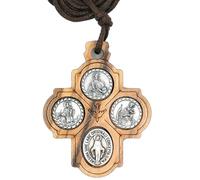 Olive Wood 4-Way Cross Pendant Necklace with Saint Medals, Catholic Charm | Miraculous Virgin Mary Catholic Pendant with Braided Cord, Holy Land Hand Carved Religious Sacramental Charm,3.7x3.3 cm
